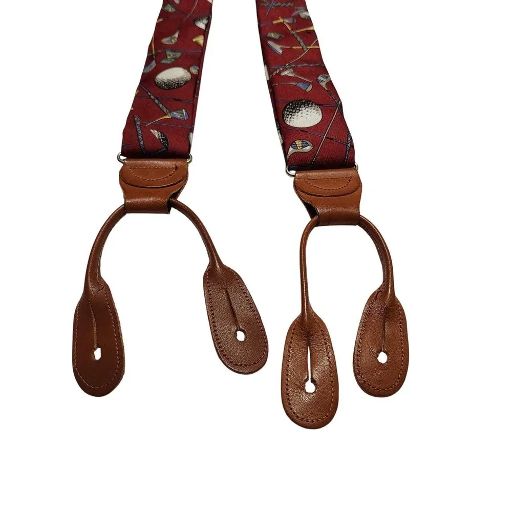 Polo Ralph Lauren Golf Motif Silk Embroidered‎ Suspenders Leather Heritage VTG